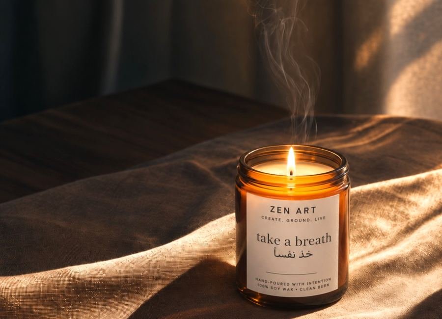 A lit Zen Art candle