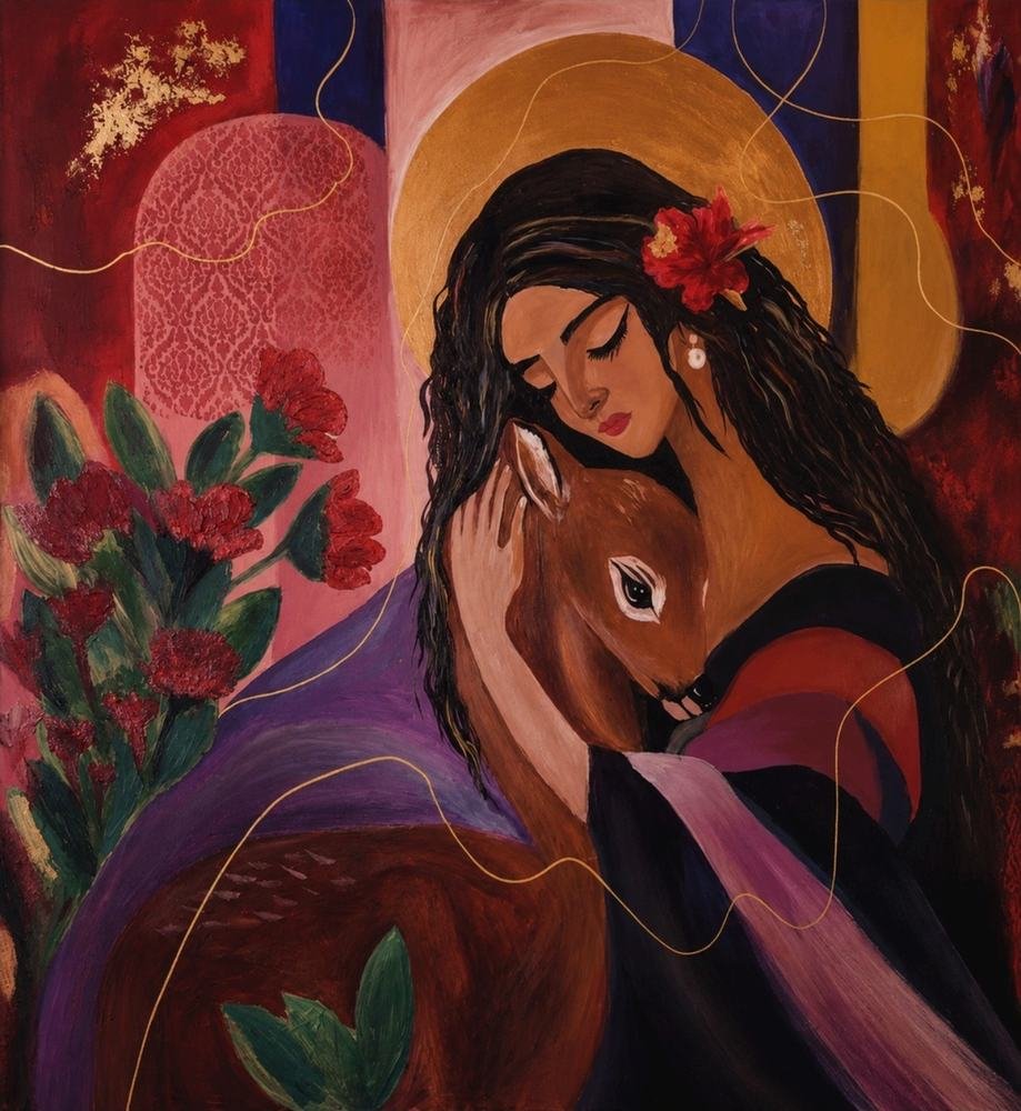 Safe, a woman embracing a horse